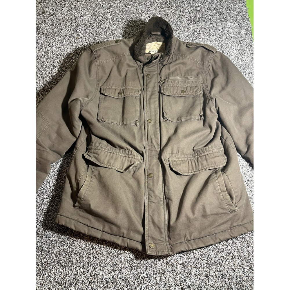 Whispering Smith Cotton Field Jacket Men L Brown Faux Fur Collar Utility Outdoor